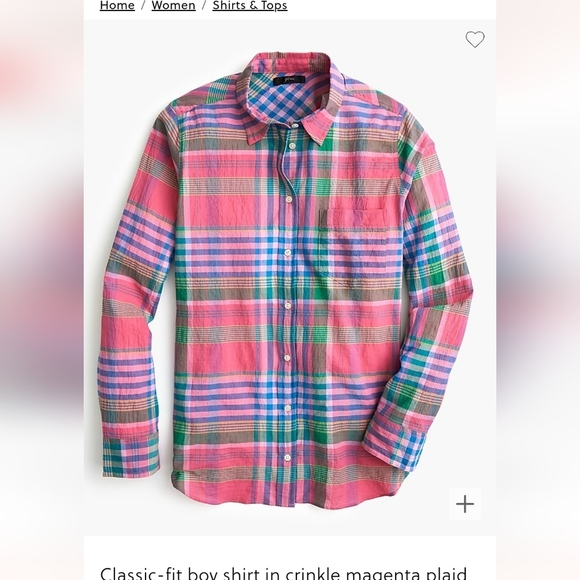 J. Crew Classic-fit Boy Shirt Crinkle Magenta Pink‎ Green Plaid.Button Front 4 - Picture 9 of 9